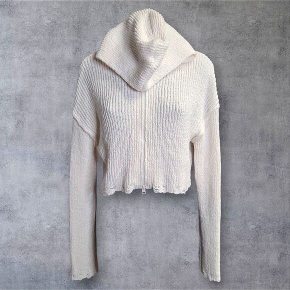Moon & Madison Sweater Womens Large White Cropped Zip Hoodie Knit Distressed - Picture 4 of 11